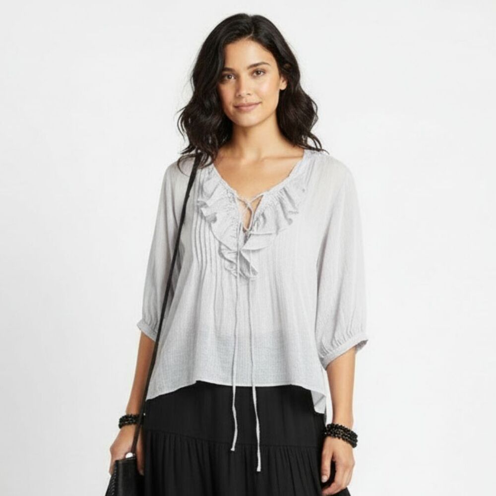 Free People Gray Boho Peasant Half Sleeve Blouse Top S